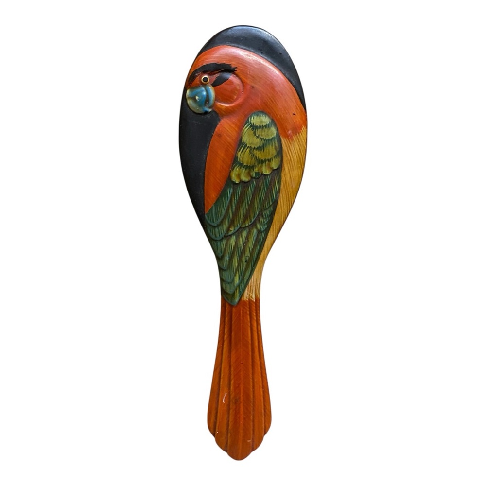 Vintage Wooden Carved Parrot Hand Held Mirror Tropical Bathroom Makeup